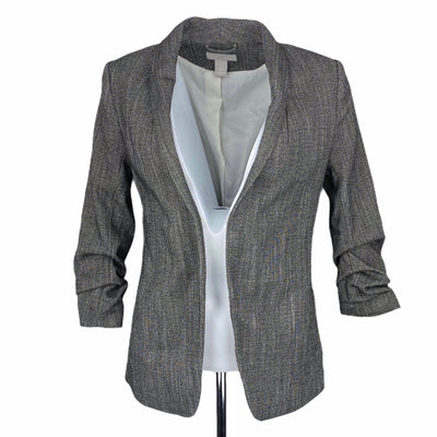 H&amp;M 10$ to 25$
17&quot; Chest
25&quot; Length
Black
Blazer
Buttonless
Coats &amp; Jackets
Excellent Condition
Grey
H&amp;M
Padded Shoulders
Ruched
Size 4
W0036-1407
White
Women